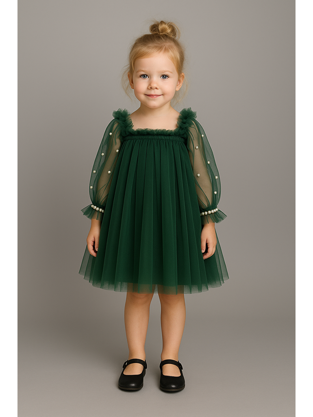 Kız Çocuk Yeşil Tül İnci Detaylı Uzun Kollu Abiye Elbise-2