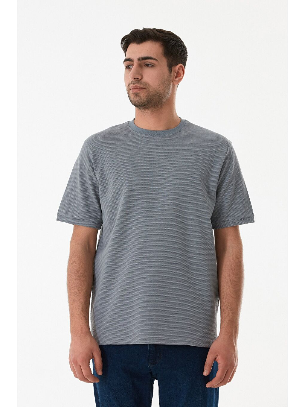 Gri Petek Kumaş Bisiklet Yaka Tişört-2