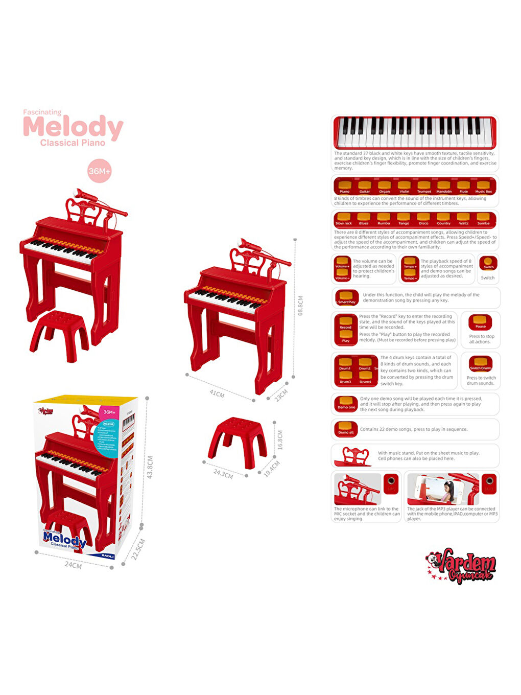 37 Tuşlu Mikrofonlu Klasik Piyano Kırmızı-2