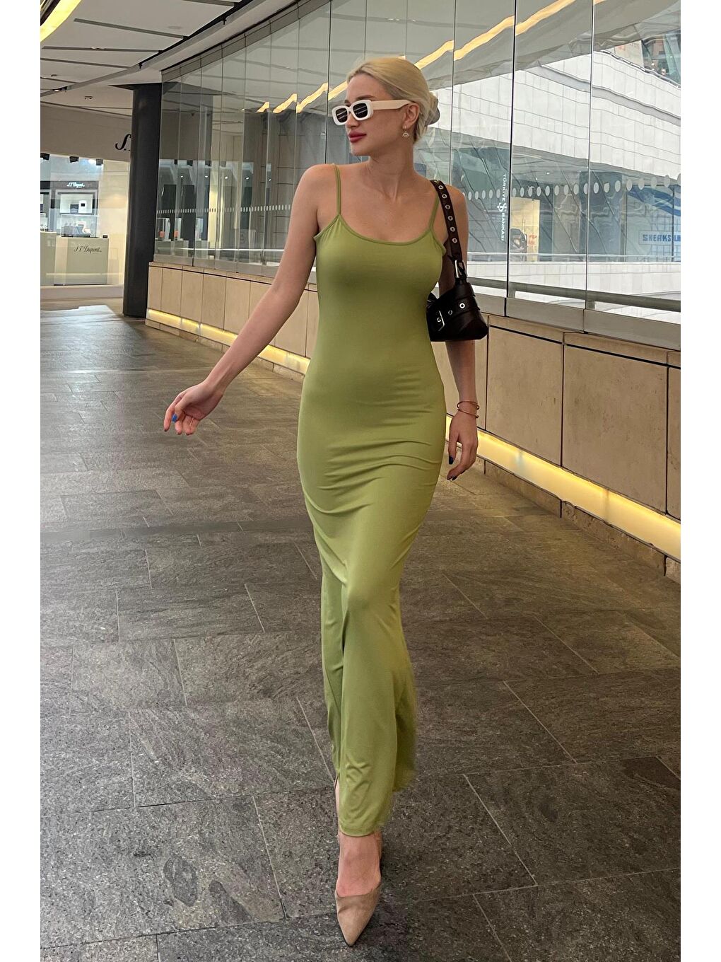 Yeşil Uzun Askılı Basic Elbise Mg1852-3