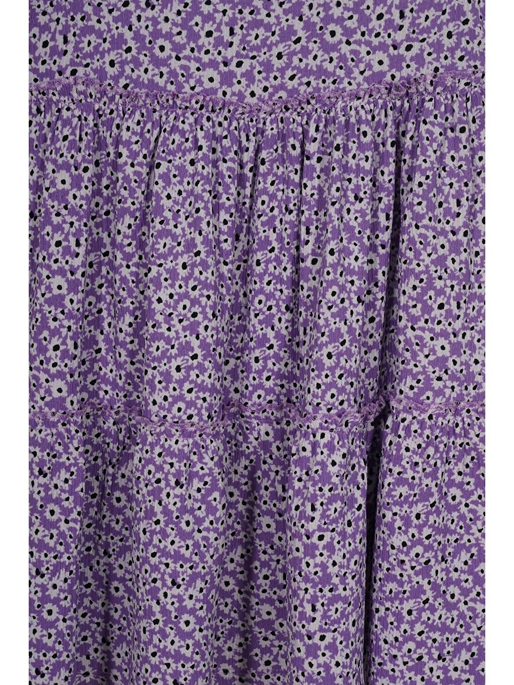 Bisiklet Yaka Sıfır Kol Çiçek Desenli Katlı Şapka Aksesuarlı Siyah Lila Renk Kız Çocuk Elbise-3