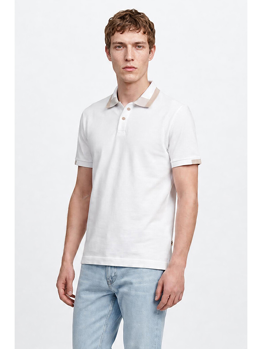 Beyaz %100 Pamuk Regular Fit Normal Kesim Polo Yaka Tişört-3