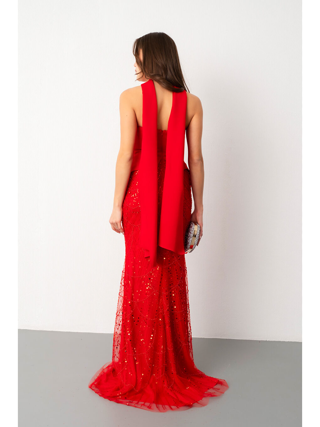 Kadın Kırmızı Straplez Taşlı Uzun Balık Abiye-5