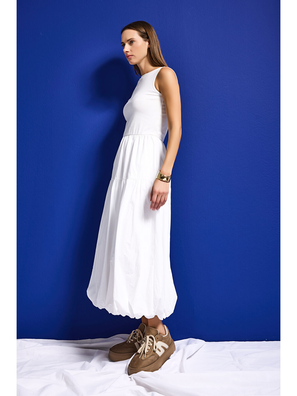 Kadın Beyaz w5 Balon Kesim %100 Organik Pamuk Tasarım Elbise-5