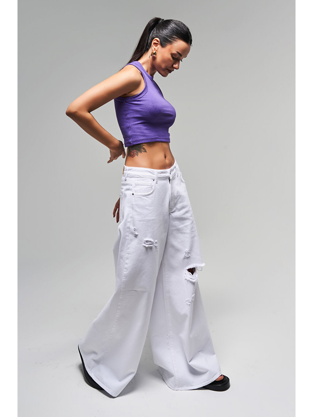 Kadın Beyaz Renk 13s5-2 Elephant Leg Bol Kesim %100 Pamuk Yırtık Detaylı Denim Jean-3