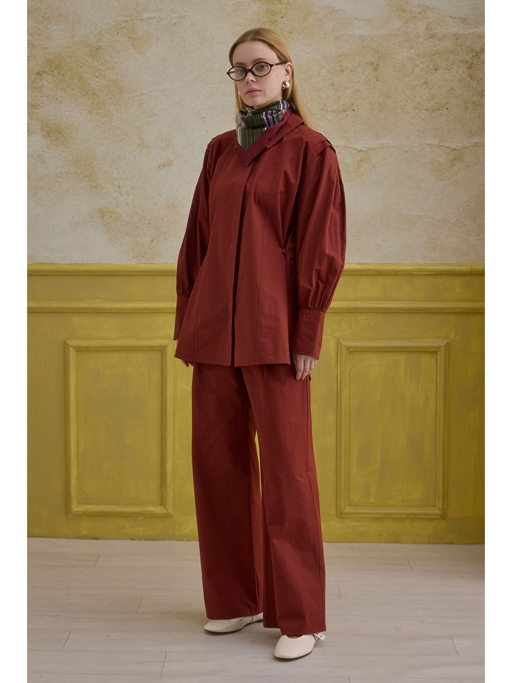 %100 Pamuk Arkası Pileli Gömlek Bordo-1