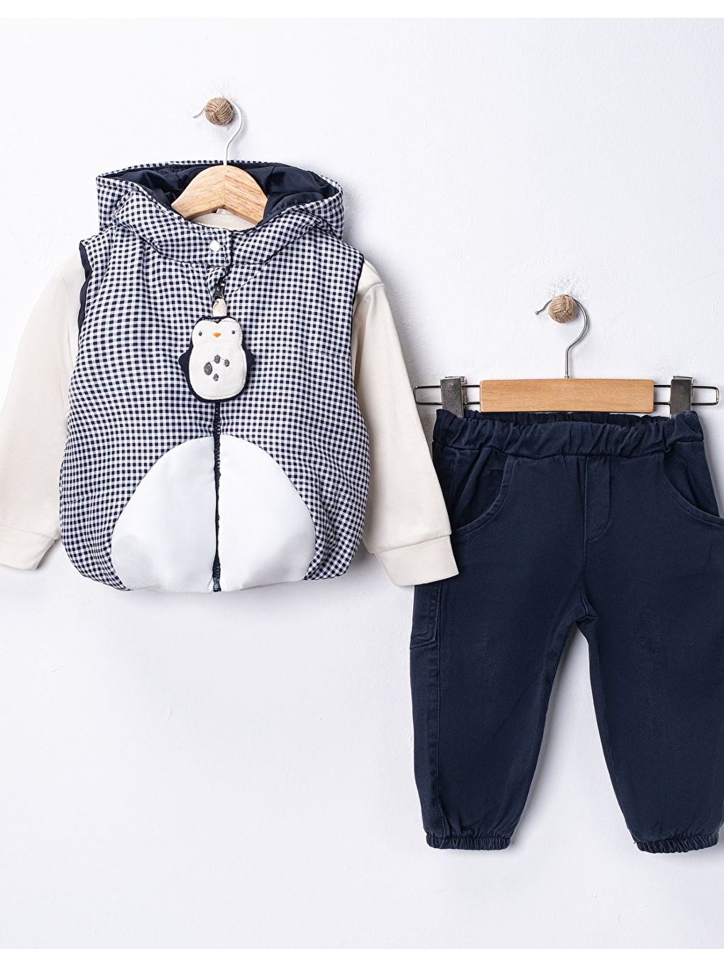 Lacivert Erkek Bebek 3’lü Takım 9-24 Ay Şişme Yelek %100 Pamuk Sweatshirt Kadife Pantolon-2