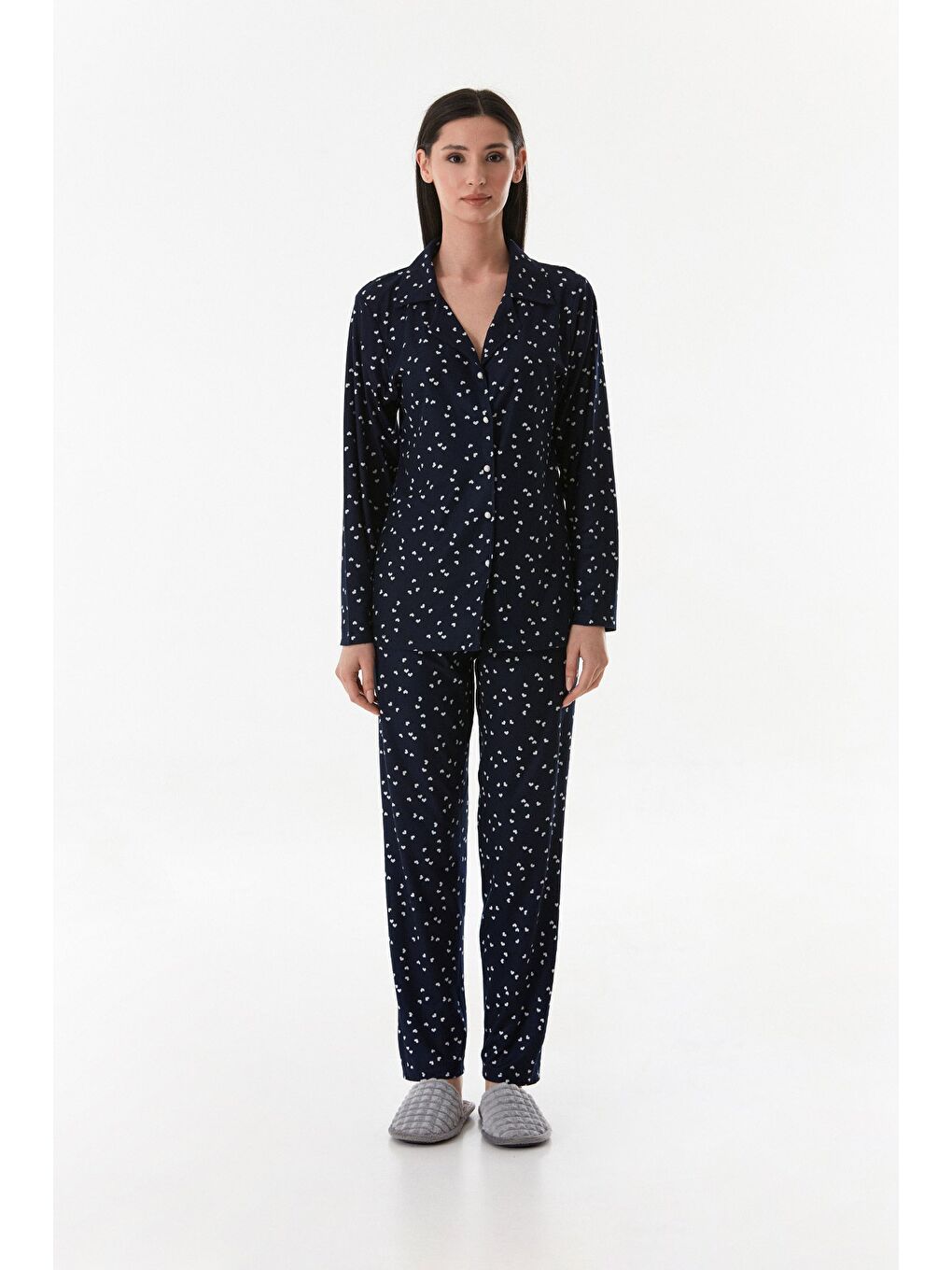 Lacivert Ayıcık Desenli Gömlek Yaka Süet Pijama Takımı