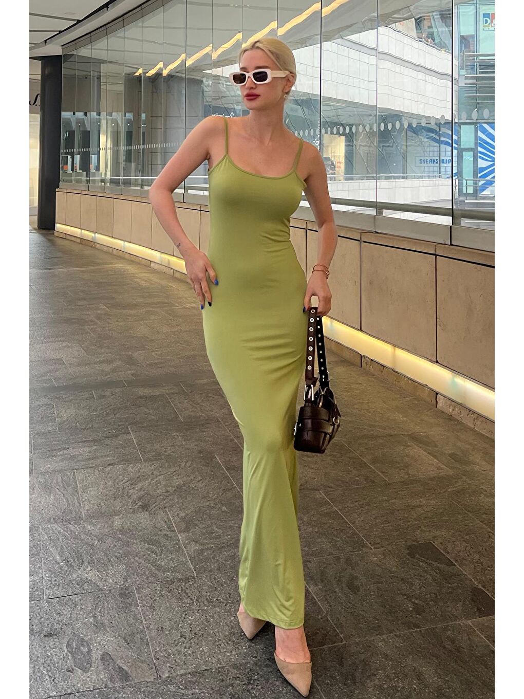 Yeşil Uzun Askılı Basic Elbise Mg1852-4