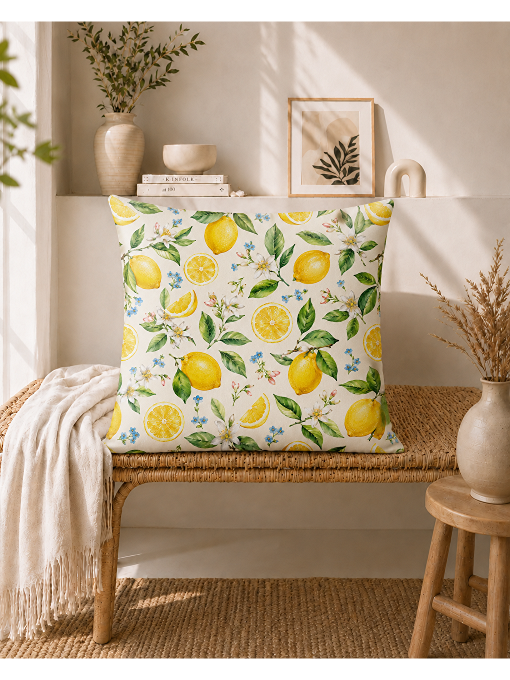 Sarı Sulu Boya Limonlar Desenli Dekoratif Kırlent Kılıfı 43x43 Cm-1