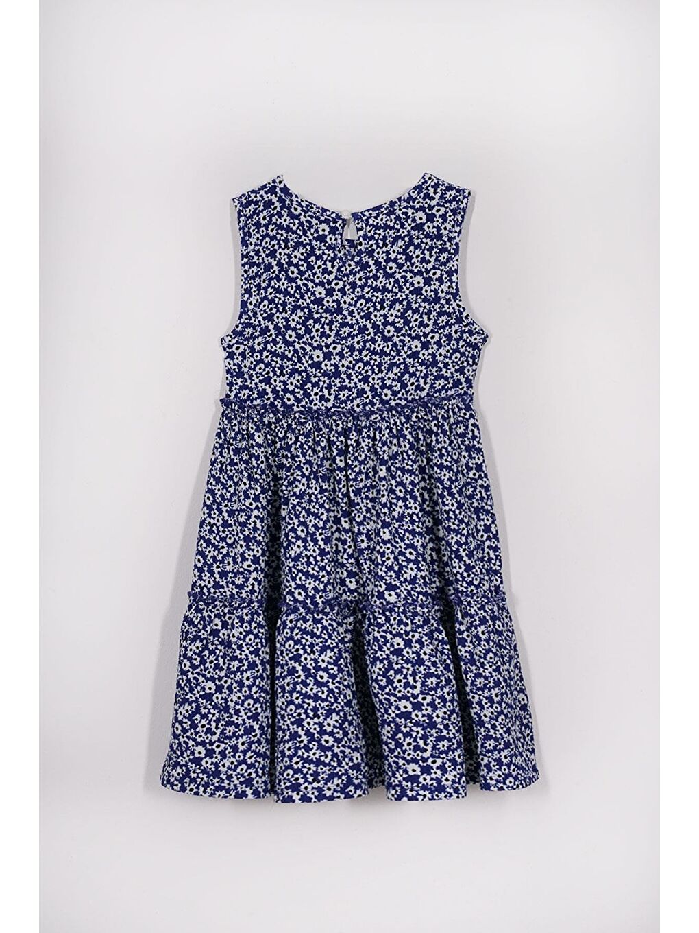 Bisiklet Yaka Sıfır Kol Çiçek Desenli Katlı Şapka Aksesuarlı Lacivert Renk Kız Çocuk Elbise-1