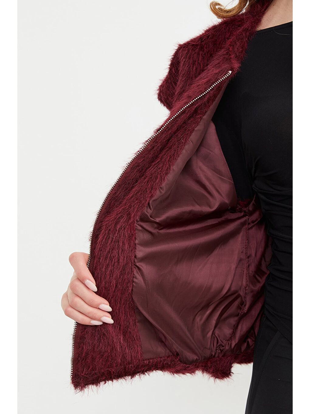 Bordo Cep Detaylı Bomber Pelüş Yelek-3