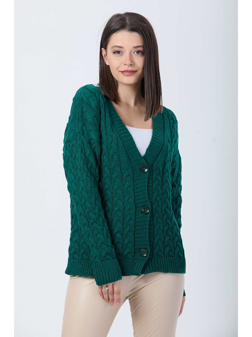 Yeşil Örgülü Triko Hırka Zumrut - 27657-3