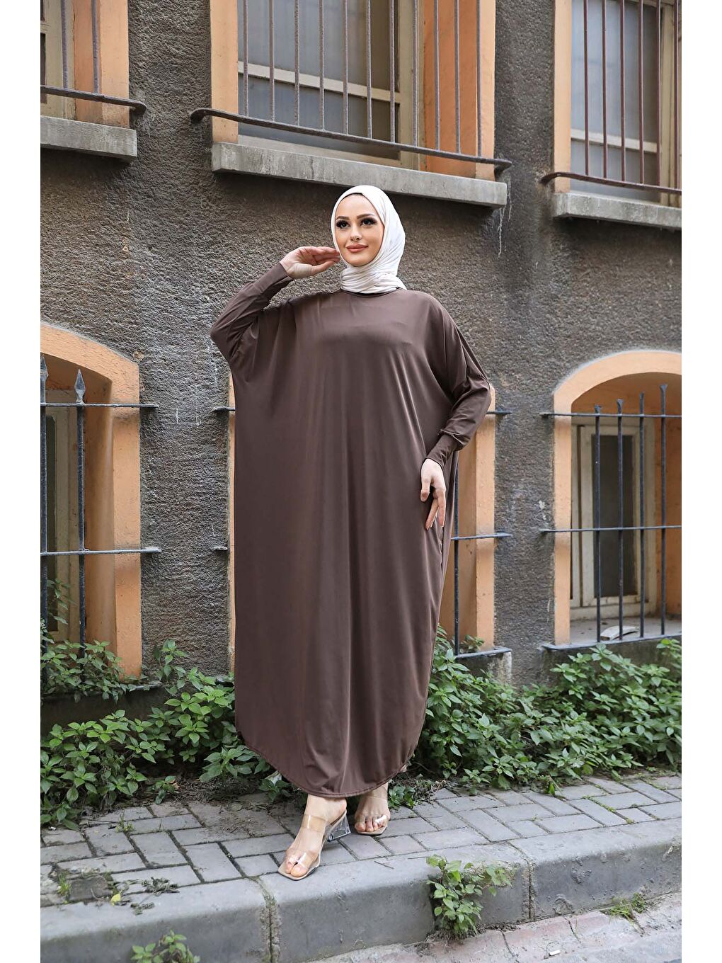 Kahverengi Kadın Trend Basic Uzun Kollu Kahve Elbise-3