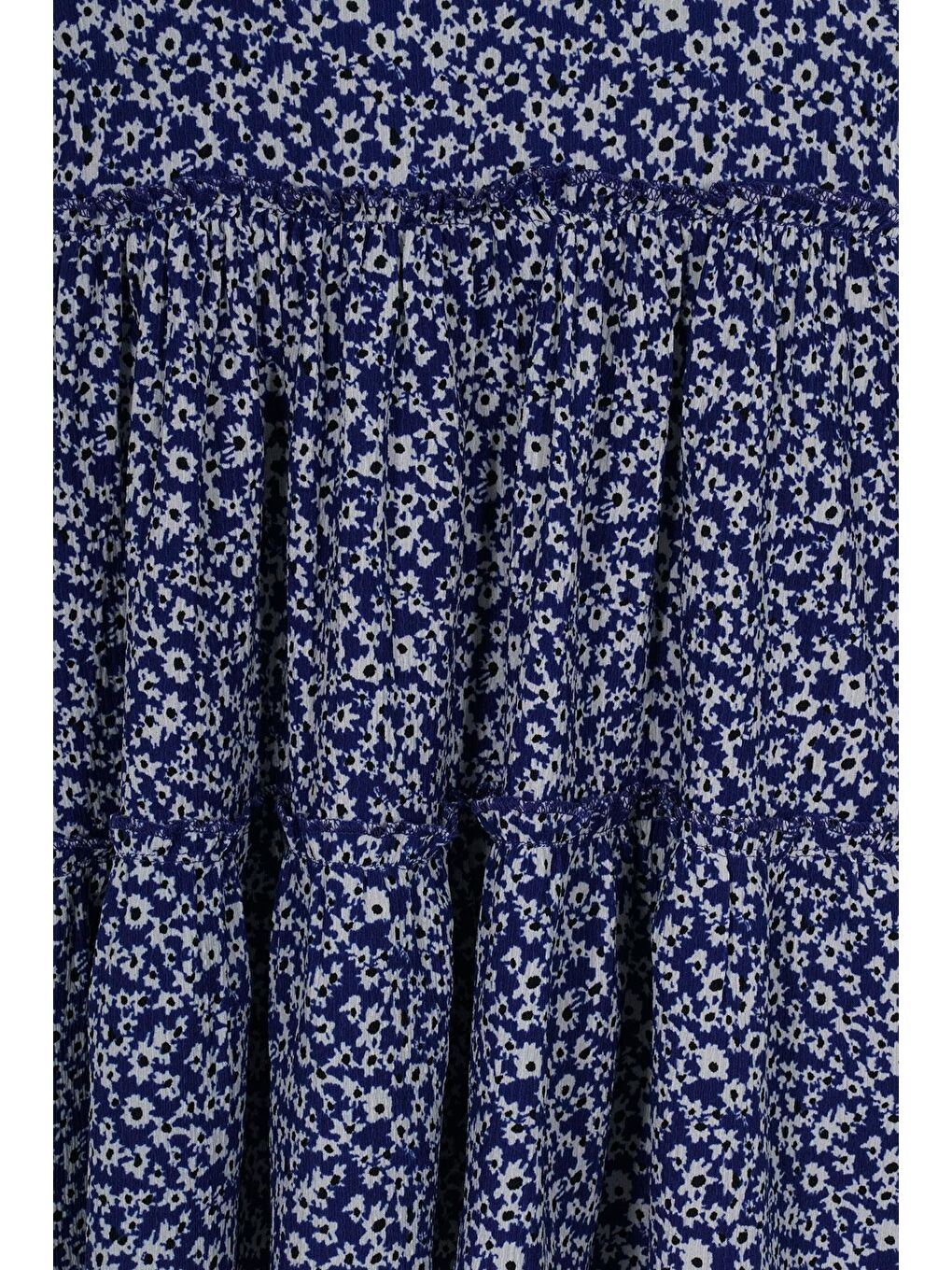 Bisiklet Yaka Sıfır Kol Çiçek Desenli Katlı Şapka Aksesuarlı Lacivert Renk Kız Çocuk Elbise-3