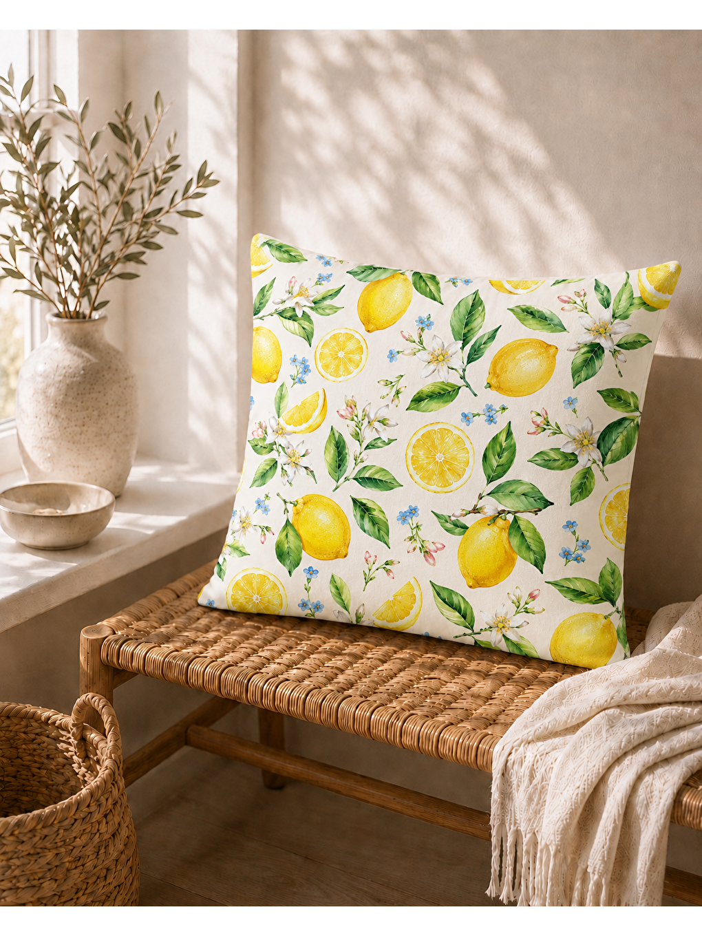 Sarı Sulu Boya Limonlar Desenli Dekoratif Kırlent Kılıfı 43x43 Cm-2