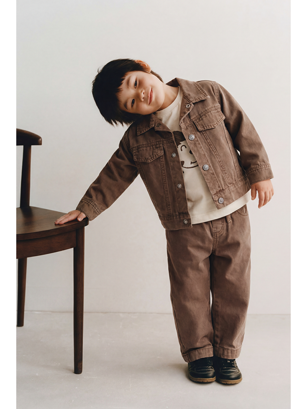 Erkek Çocuk Pamuklu Kahverengi Ceketli 3 Parça Takım