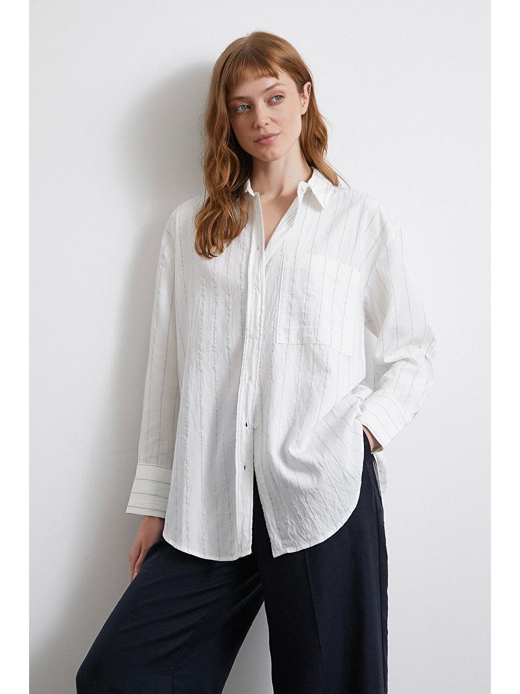 Turkuaz Çizgili Cepli Gömlek Su Yeşili