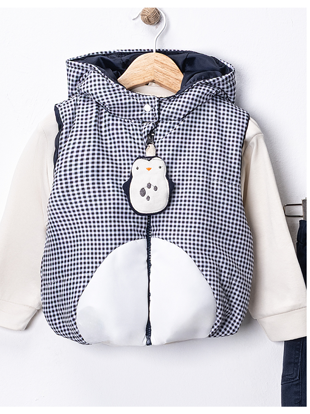 Lacivert Erkek Bebek 3’lü Takım 9-24 Ay Şişme Yelek %100 Pamuk Sweatshirt Kadife Pantolon-3