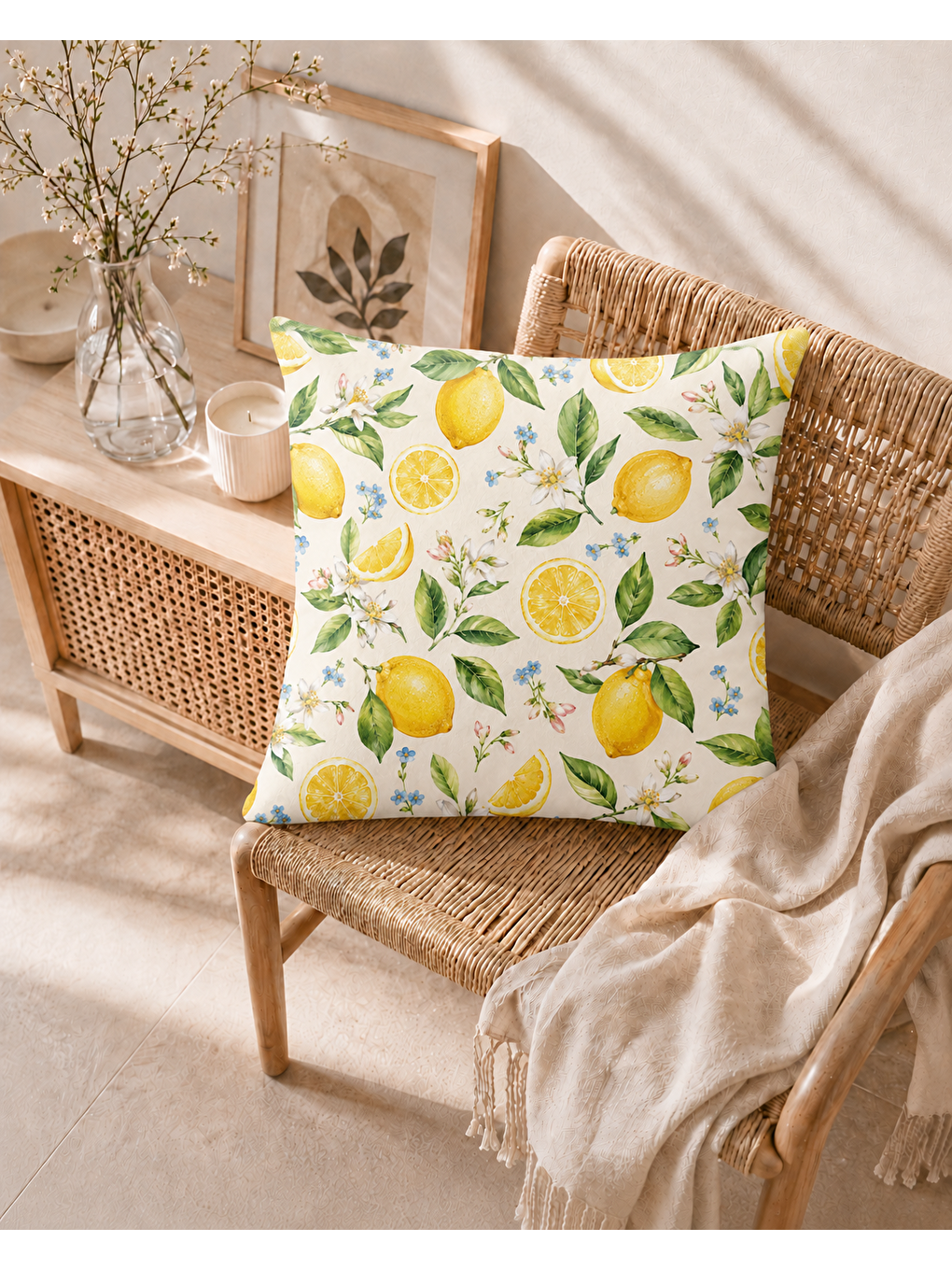 Sarı Sulu Boya Limonlar Desenli Dekoratif Kırlent Kılıfı 43x43 Cm-3