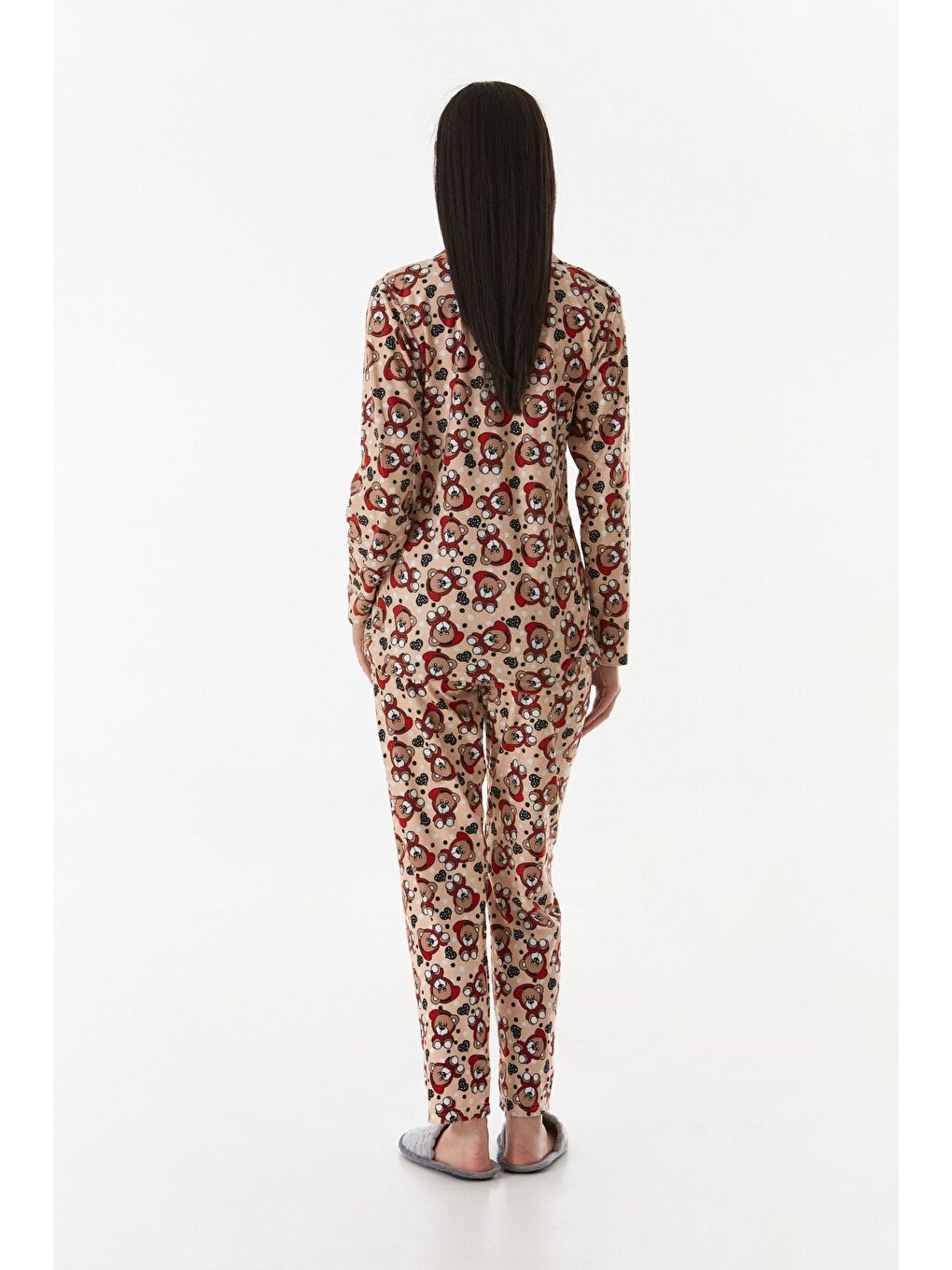 Bej Ayıcık Desenli Gömlek Yaka Süet Pijama Takımı-2