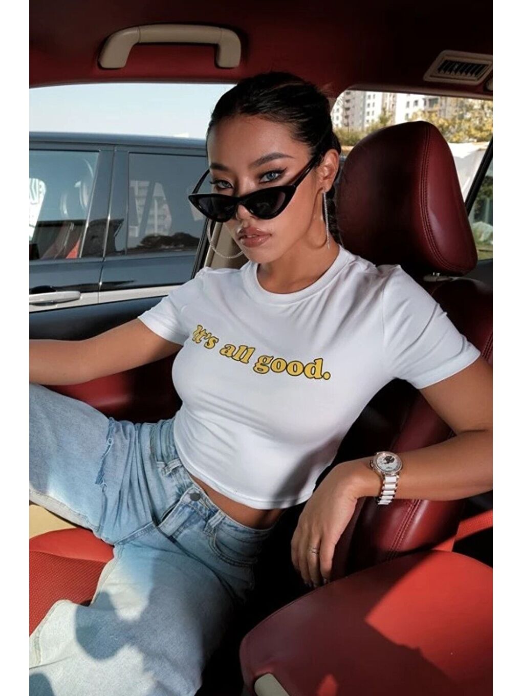 Kadın Beyaz It s All Good Baskılı Dar Crop T shirt-1