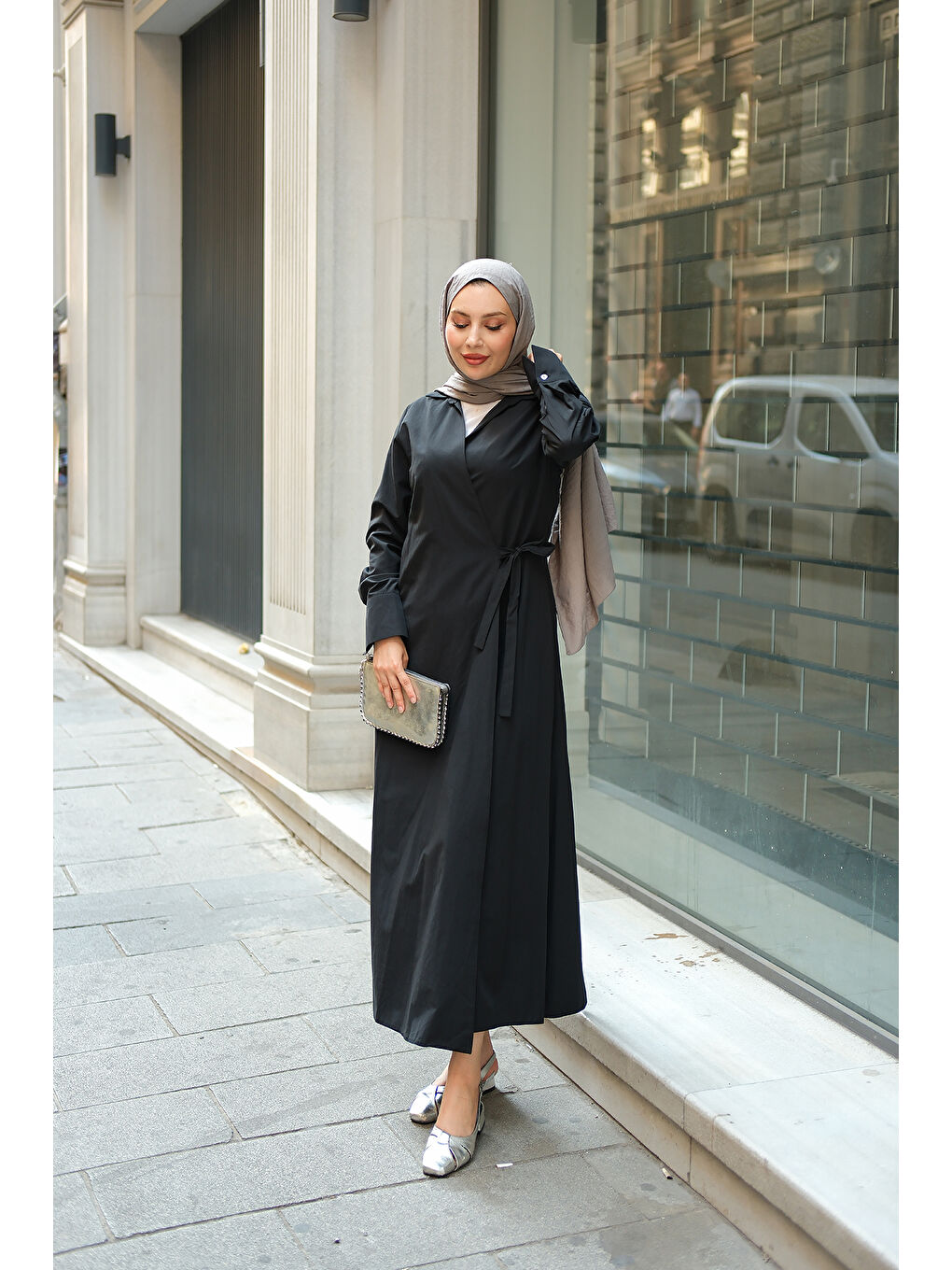 Kadın Poplin Yan Bağlamalı Elbise Siyah