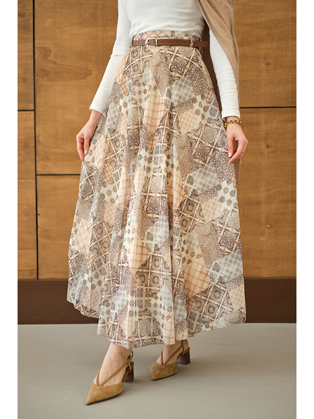 Pembe Kadın Etnik Desenli Sim Detay Kemerli Etek Somon-1