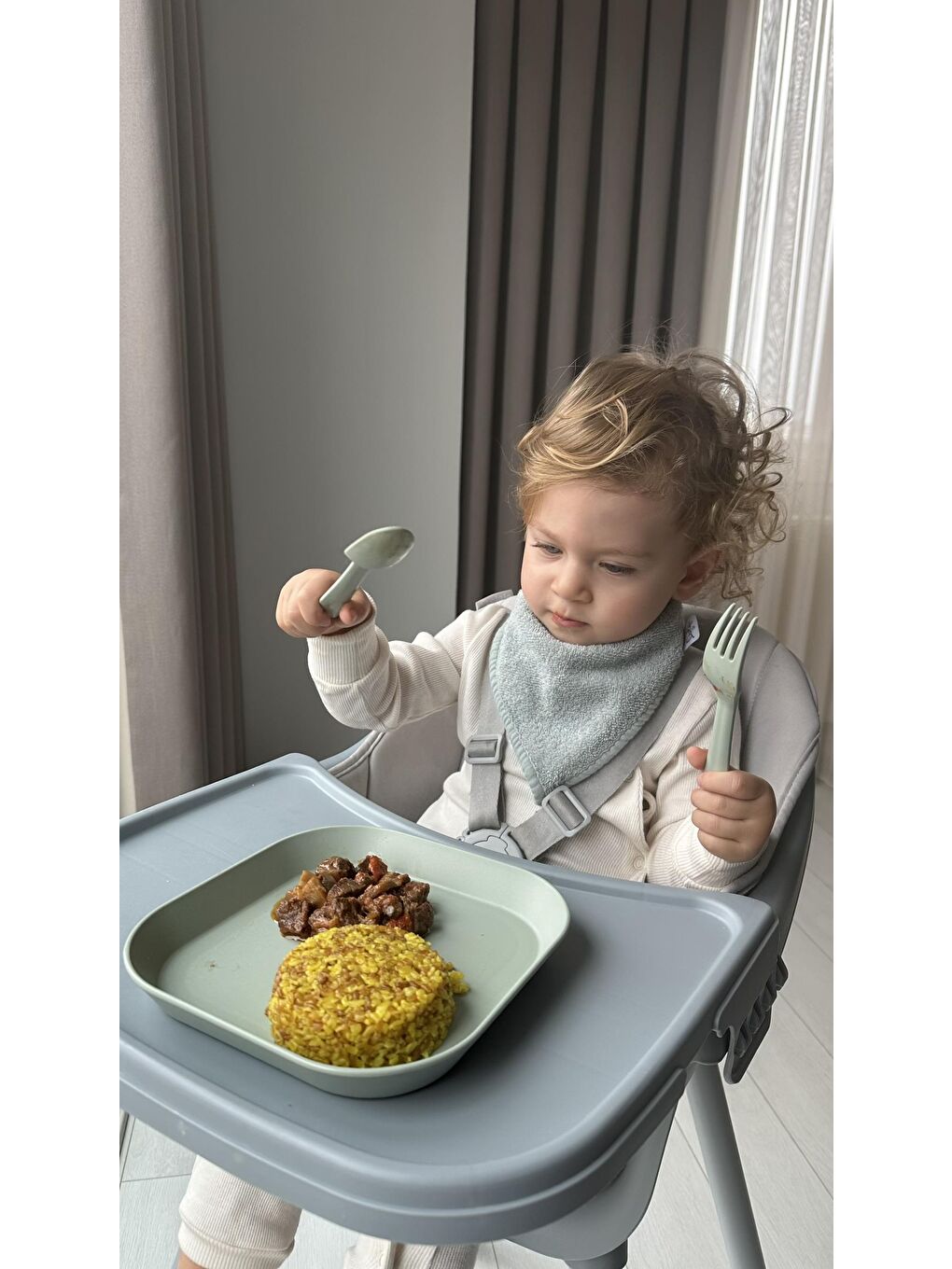 Kare Bebek Mama Tabağı 2'Li Sage Green - Peach-1