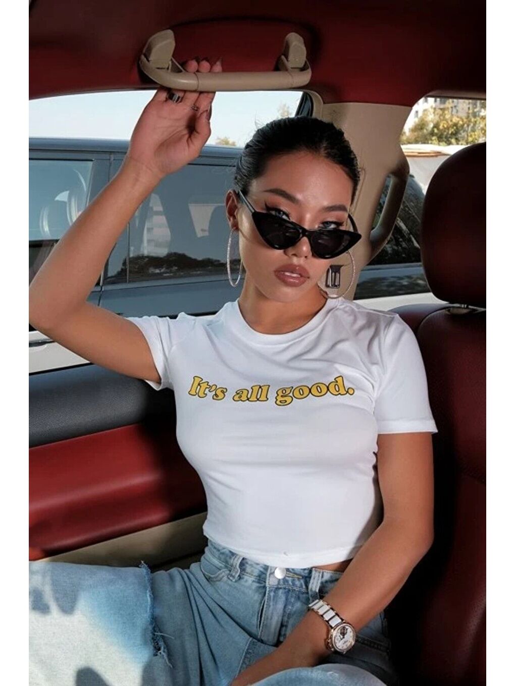 Kadın Beyaz It s All Good Baskılı Dar Crop T shirt-3