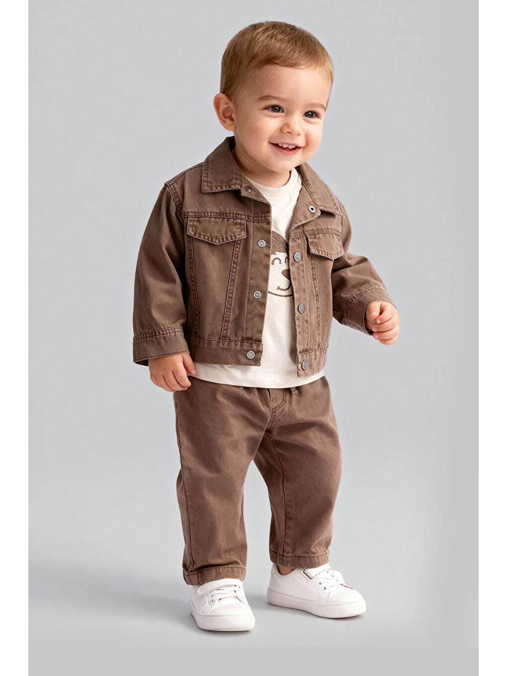Erkek Çocuk Pamuklu Kahverengi Ceketli 3 Parça Takım-1
