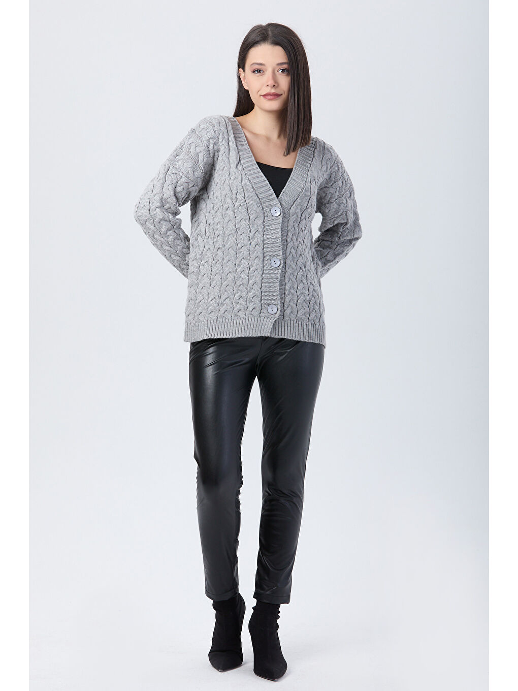 Örgülü Triko Hırka Gri - 27657