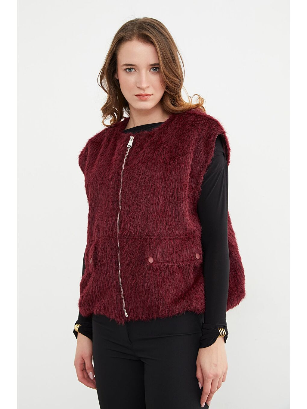 Bordo Cep Detaylı Bomber Pelüş Yelek-4