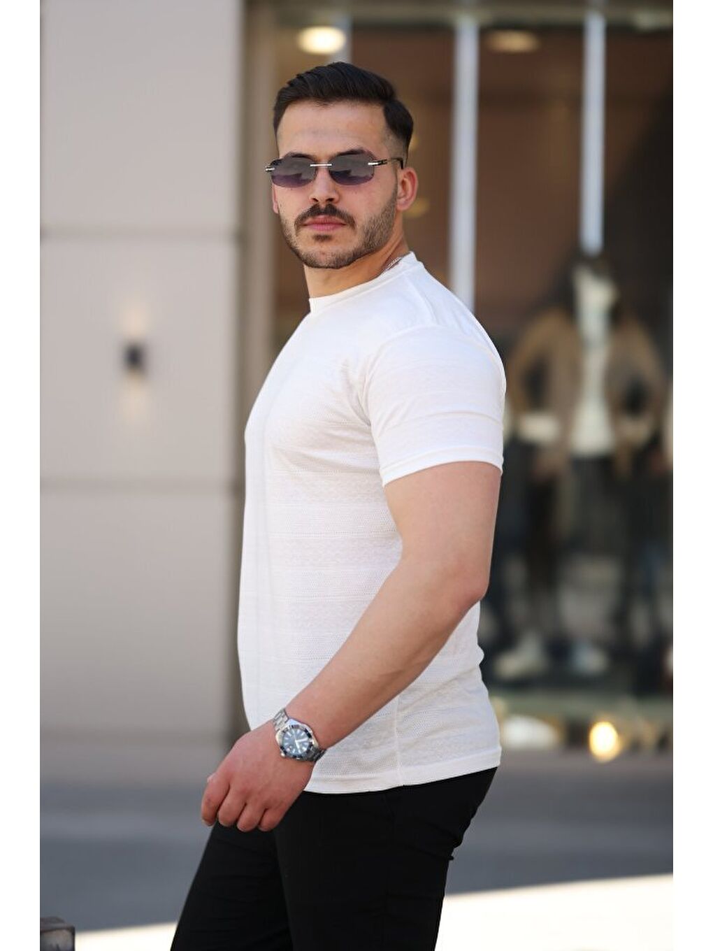 Beyaz Erkek Mini Jakarlı Kısa Kollu T-shirt-1