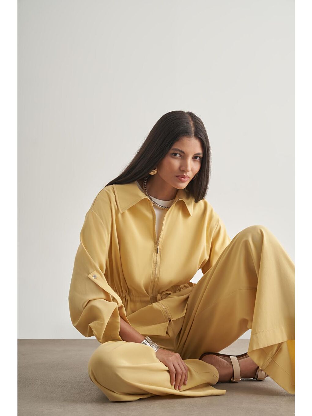 Modal Karışımlı Rahat Kesim Beli Lastikli Sarı Pantolon-2