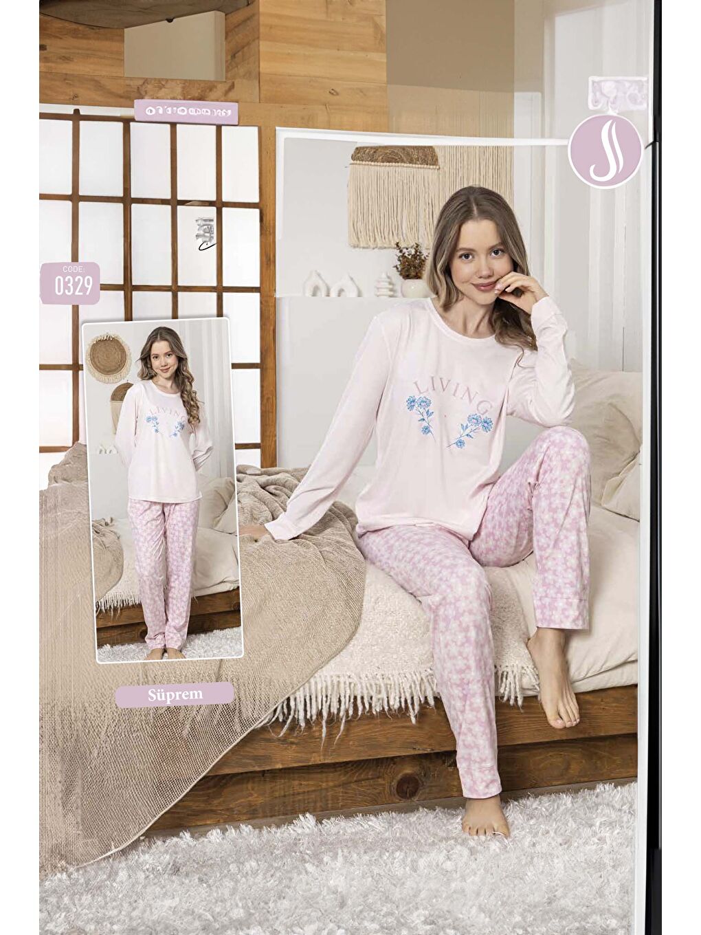 Kadın Çiçek Desen Süprem Pijama Takımı 0329 Pembe-1