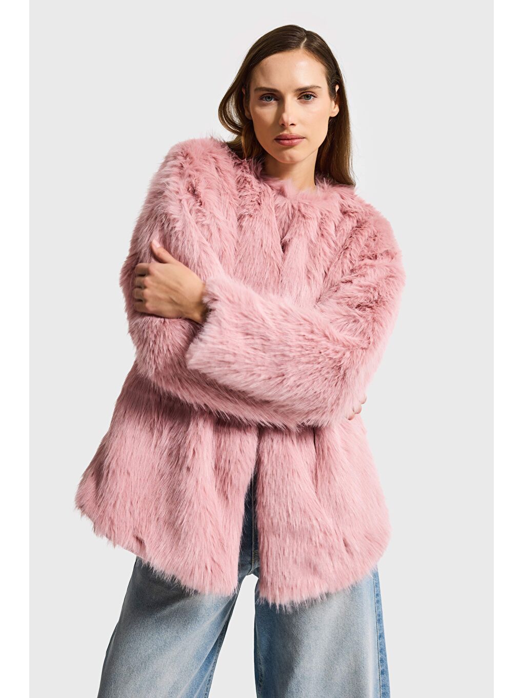 Pembe Kadın Pudra Kemer Boy İçi Astarlı Pelüşlü Kürk Mont-4