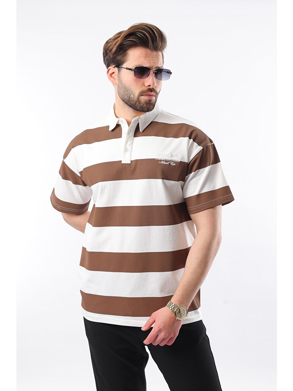 Kahverengi Oversize Renk Bloklu Polo Yaka %100 Pamuk Tişört E7120