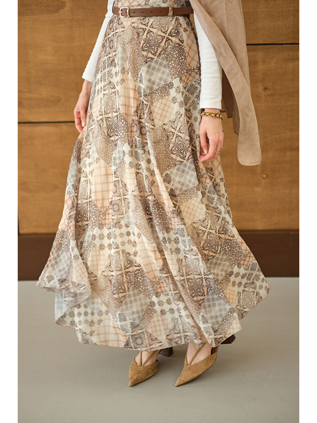 Pembe Kadın Etnik Desenli Sim Detay Kemerli Etek Somon-3