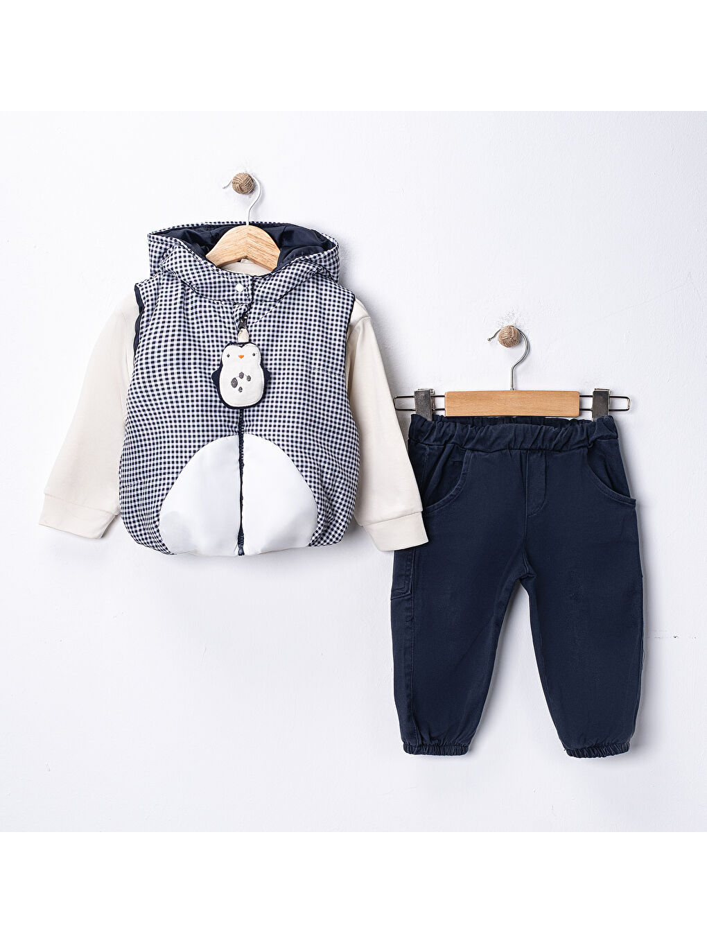 Lacivert Erkek Bebek 3’lü Takım 9-24 Ay Şişme Yelek %100 Pamuk Sweatshirt Kadife Pantolon-5