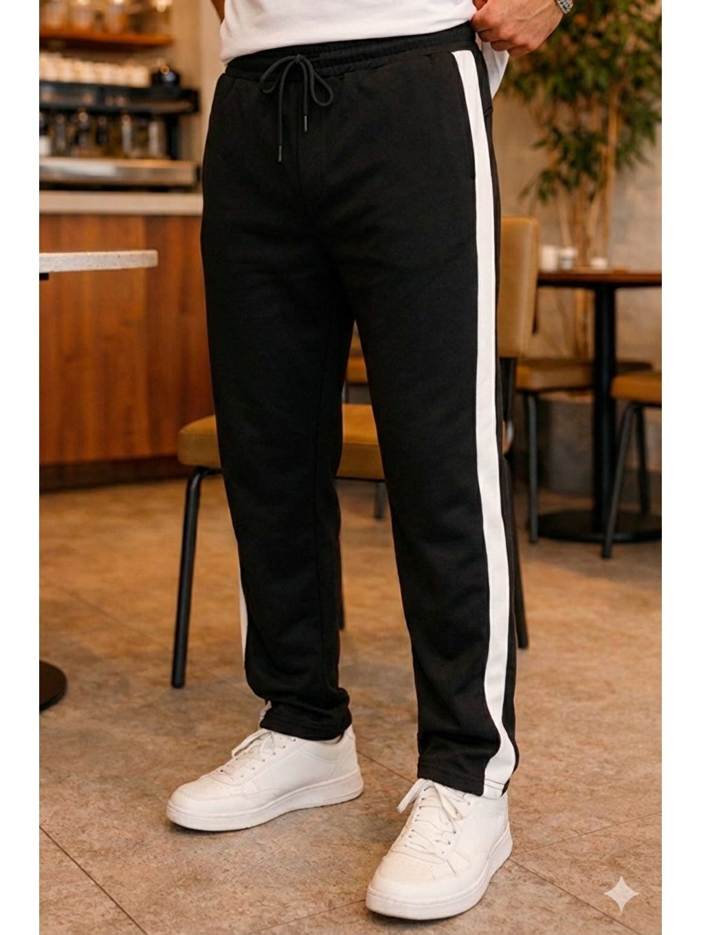 Erkek Siyah Şeritli Eşofman Altı Bağcıklı Baggy Rahat Kesim Günlük Spor Pantolon-1