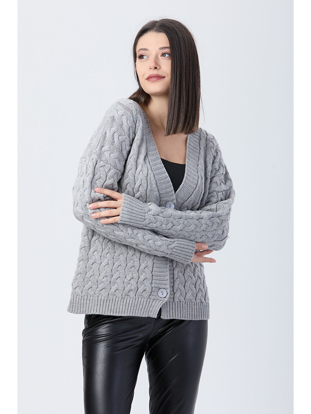 Örgülü Triko Hırka Gri - 27657-1