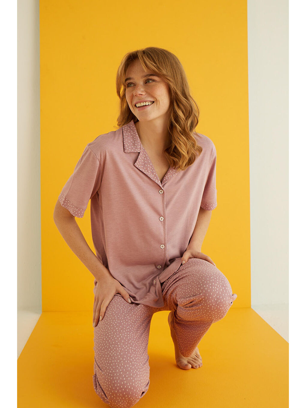 Pembe Viskon Düğmeli Pijama Takımı 7044-12