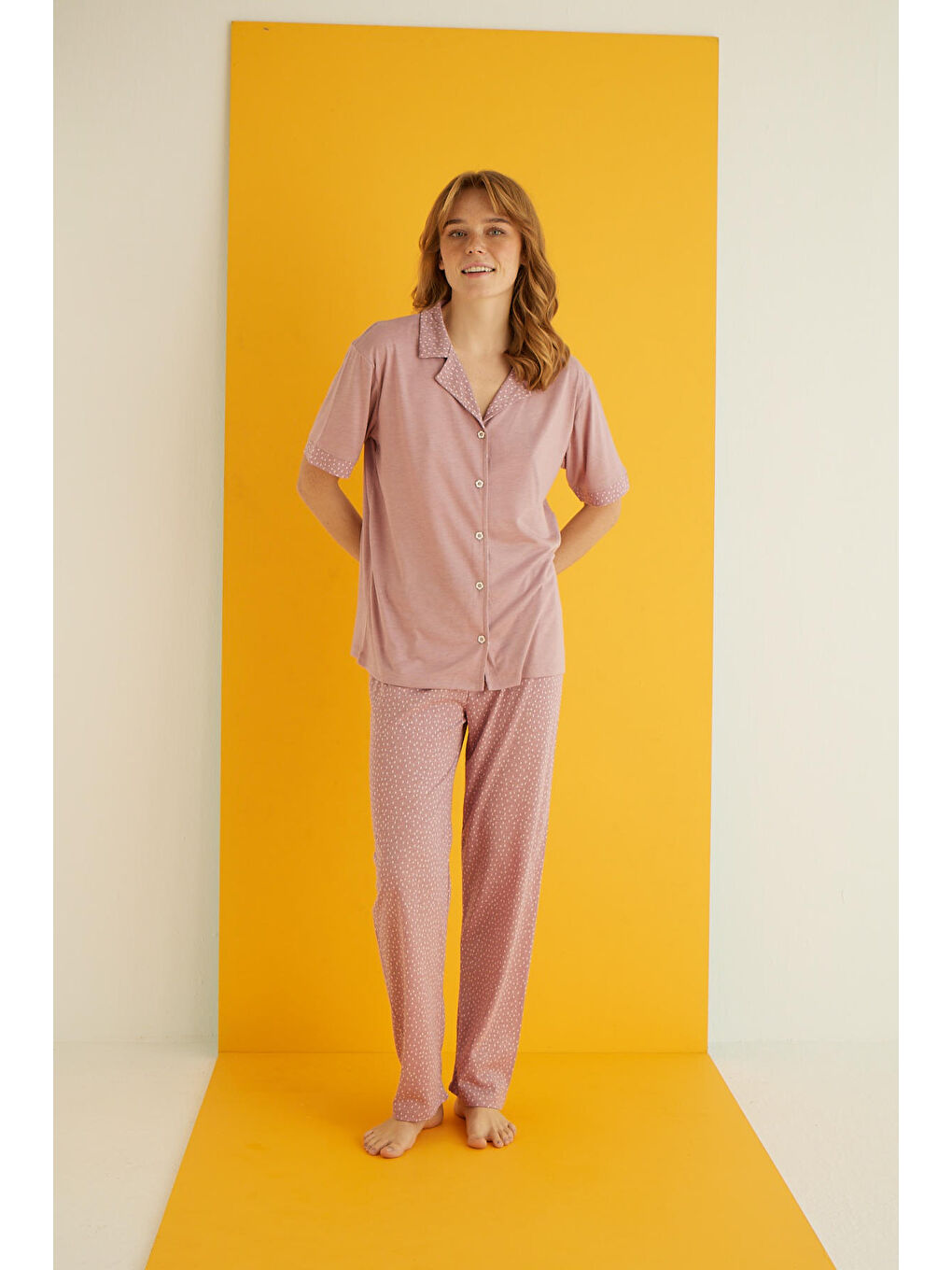 Pembe Viskon Düğmeli Pijama Takımı 7044-12-1