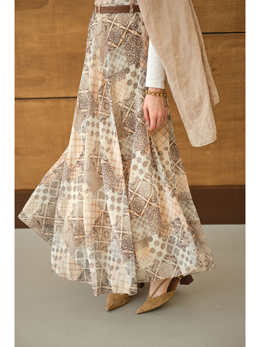 Pembe Kadın Etnik Desenli Sim Detay Kemerli Etek Somon-4