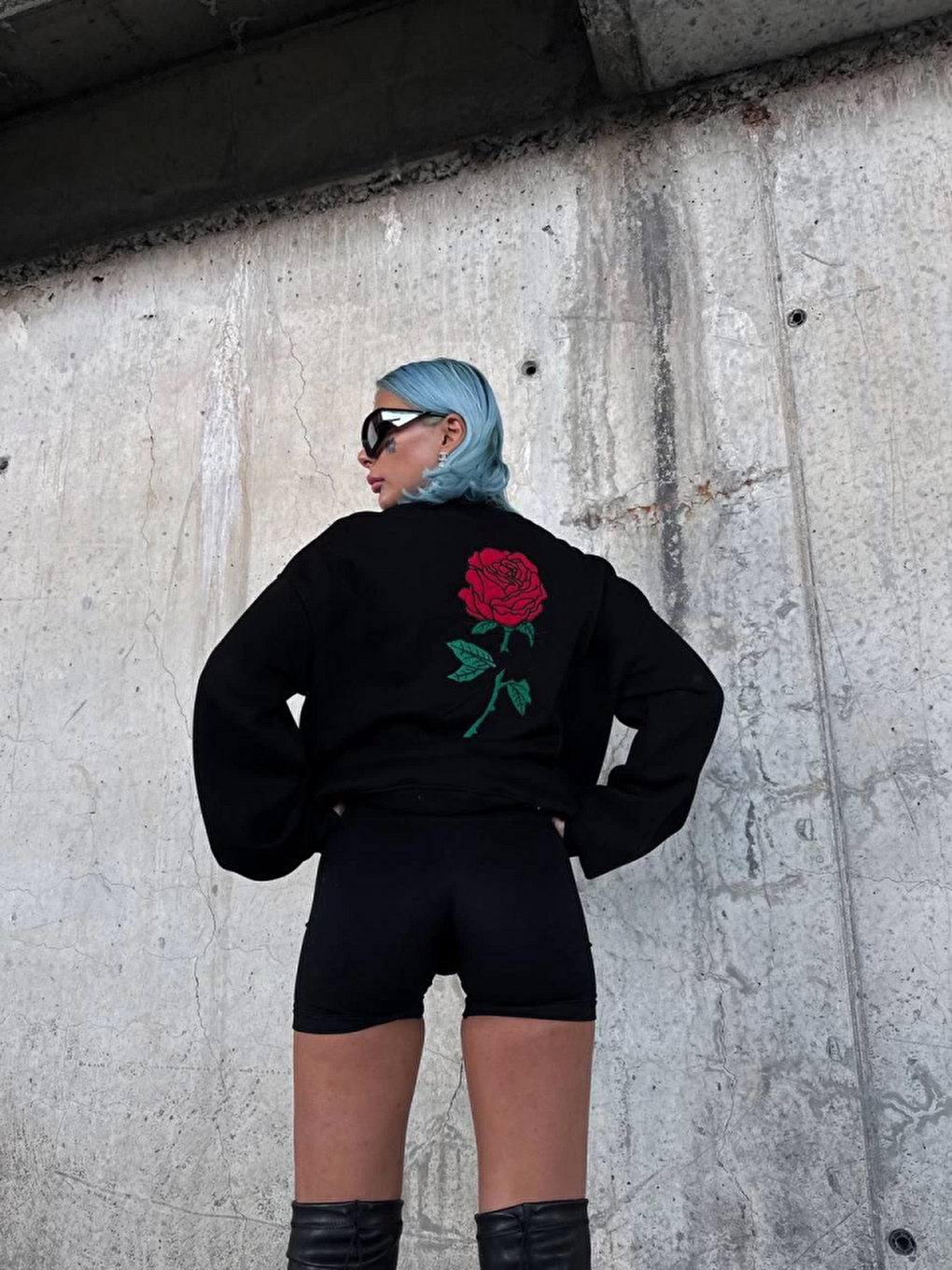 Oversize Üç İplik Bisiklet Yaka Baskılı Sweatshirt - Siyah-2
