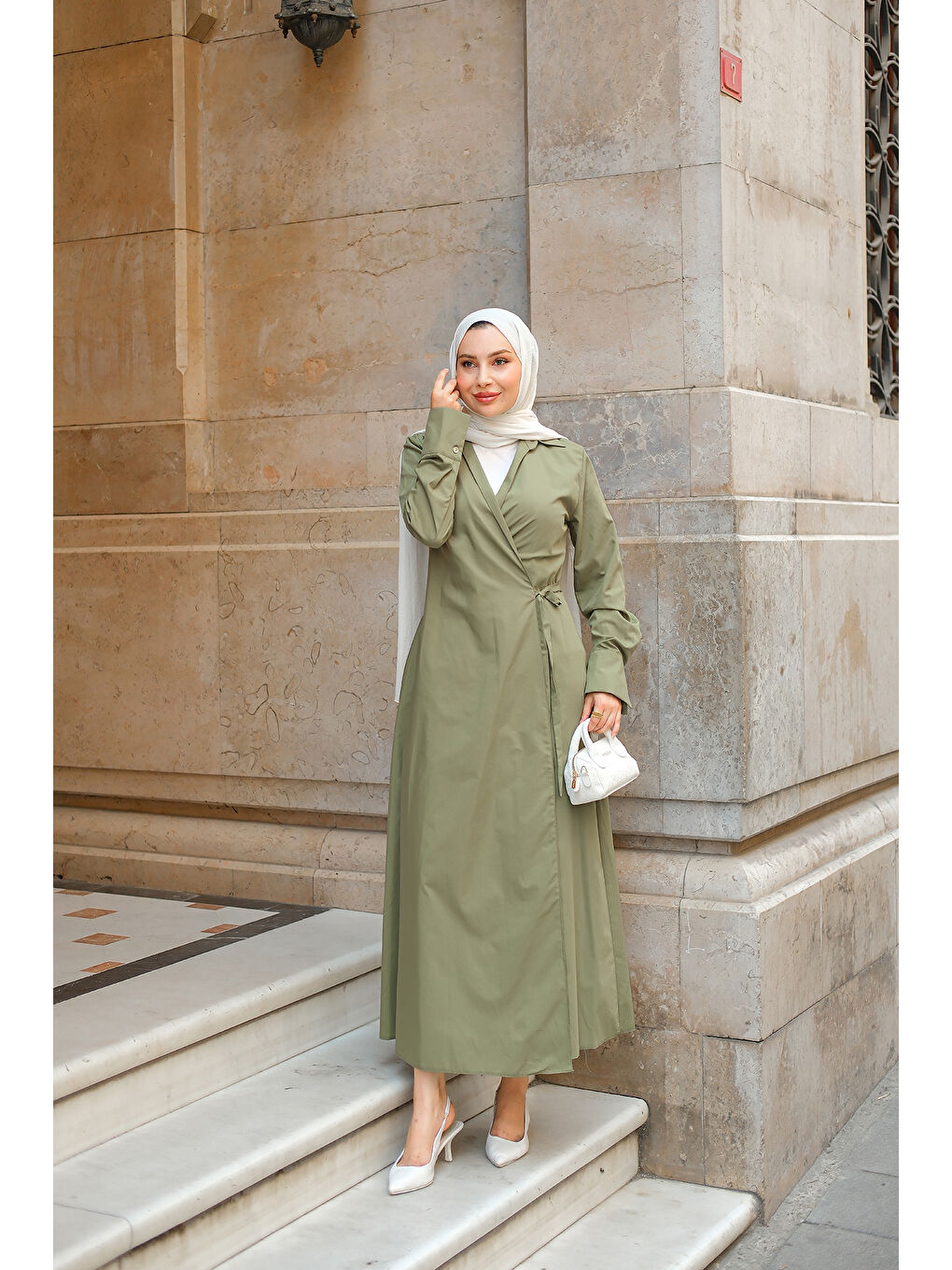 Kadın Poplin Yan Bağlamalı Elbise Haki Yeşil