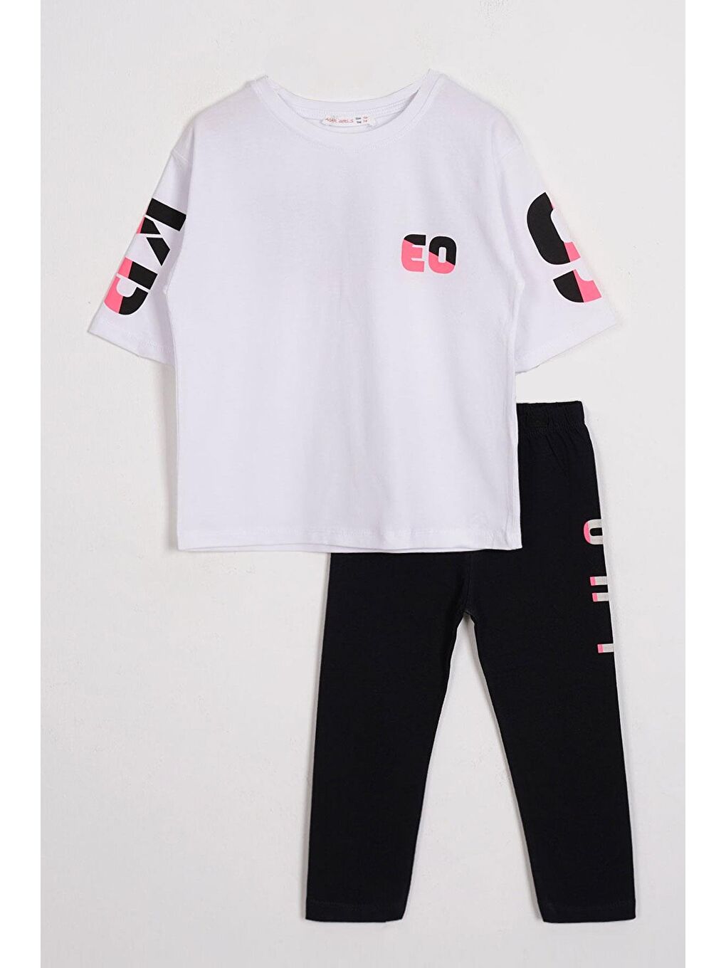 Kısa Kol Yazı Baskılı Beyaz Renk Kız Çocuk Taytlı Takım