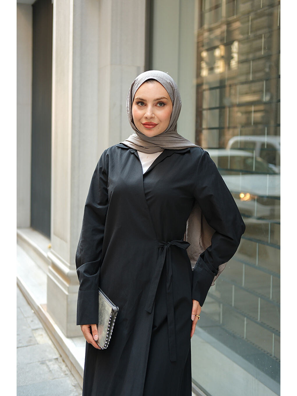 Kadın Poplin Yan Bağlamalı Elbise Siyah-1