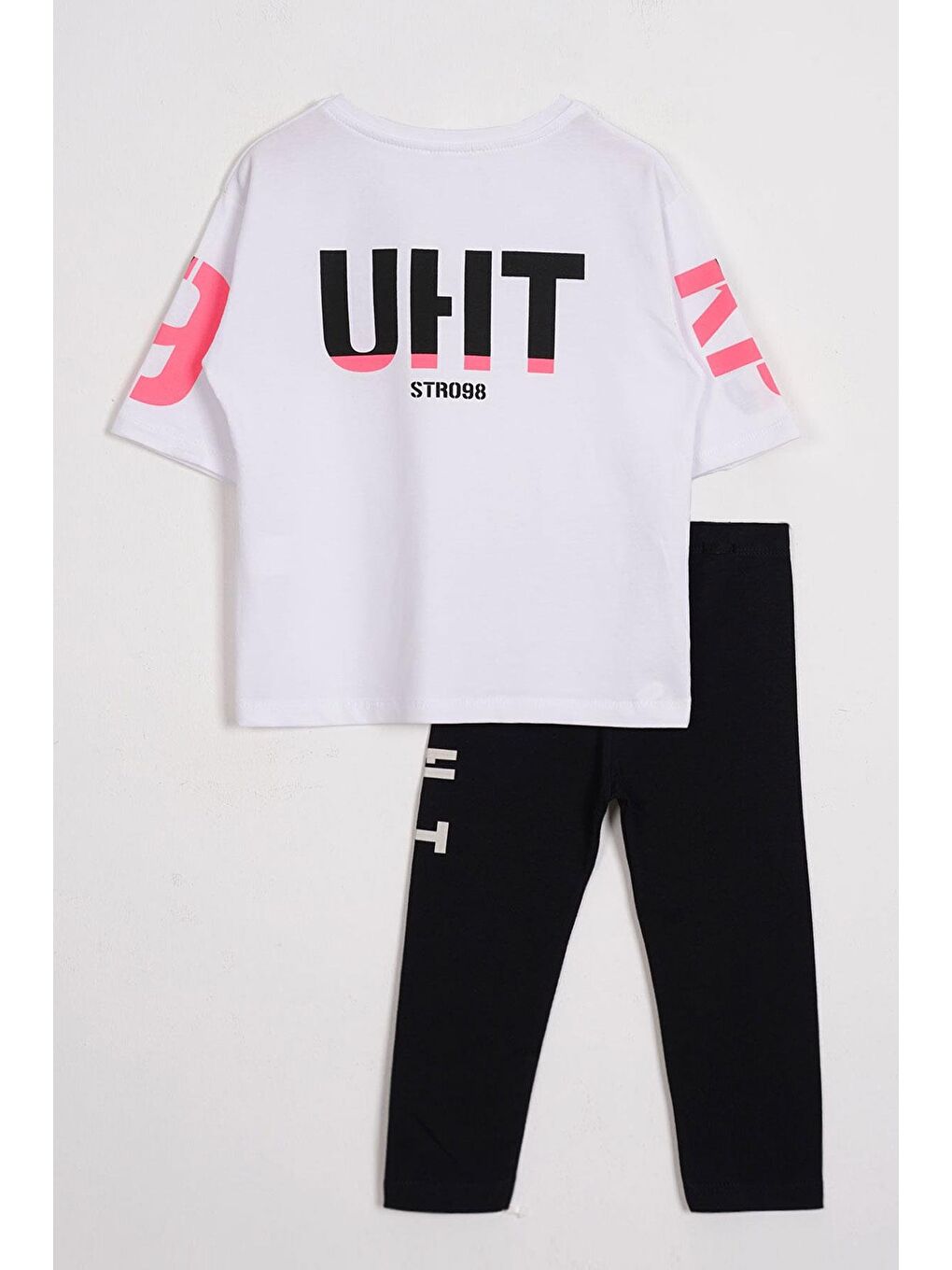 Kısa Kol Yazı Baskılı Beyaz Renk Kız Çocuk Taytlı Takım-2